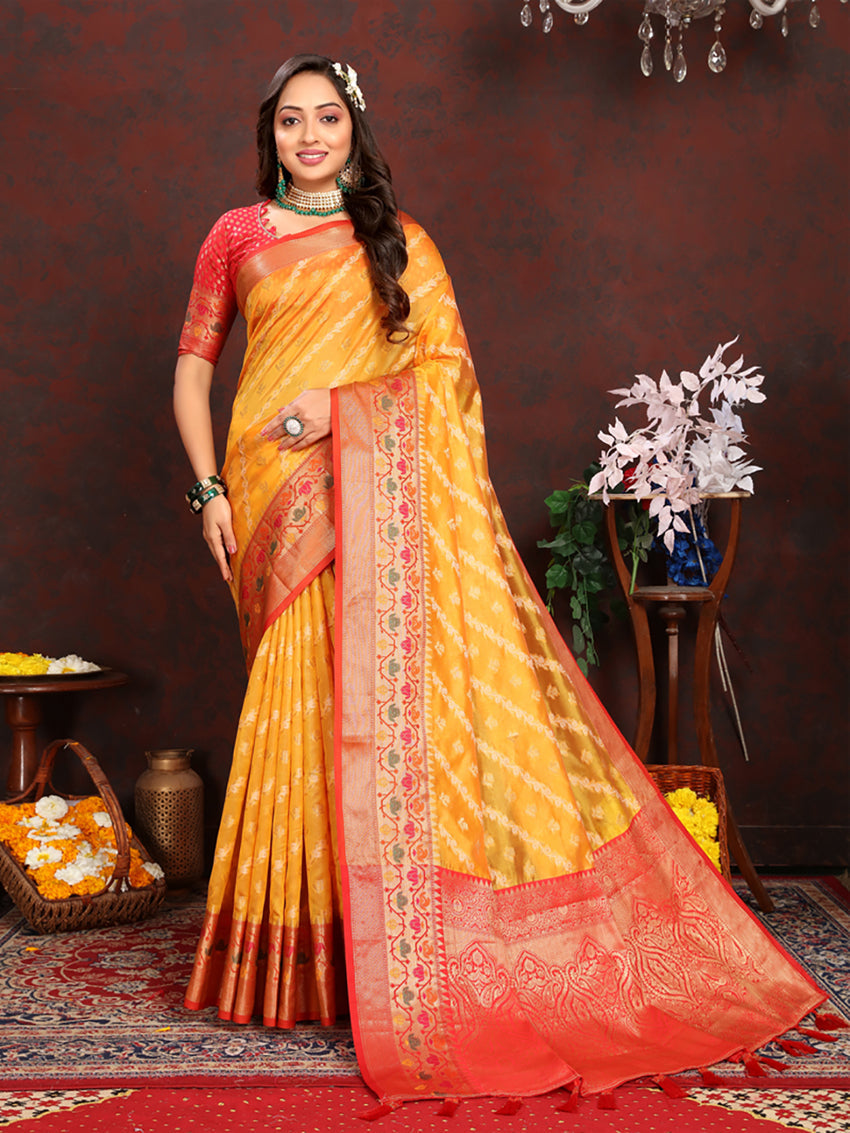 Lorenvalley Fashion Gold Organza Silk Woven Design with Rich Meenakari Weaving Pallu Saree | Grocsy