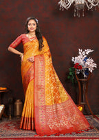 Lorenvalley Fashion Gold Organza Silk Woven Design with Rich Meenakari Weaving Pallu Saree | Grocsy
