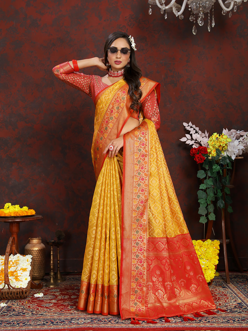 Lorenvalley Fashion Gold Organza Silk Woven Design with Rich Meenakari Weaving Pallu Saree | Grocsy
