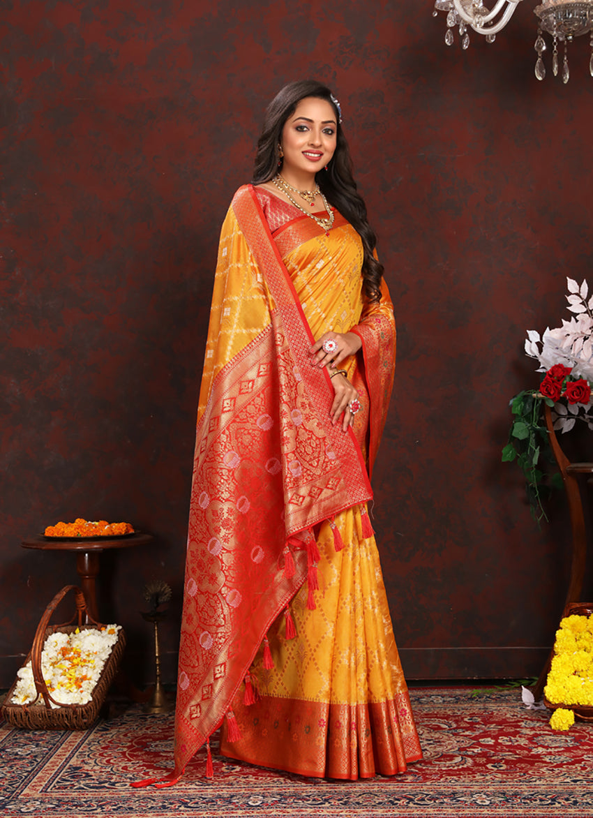 Lorenvalley Fashion Gold Organza Silk Woven Design with Rich Meenakari Weaving Pallu Saree | Grocsy