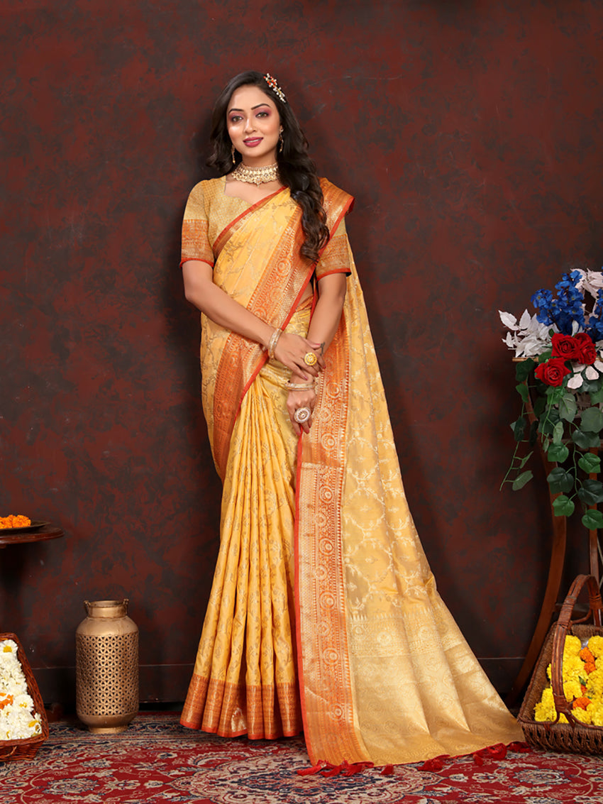 Lorenvalley Fashion Gold Soft Katan Silk Woven Design Zari Weaving Pallu Saree | Grocsy