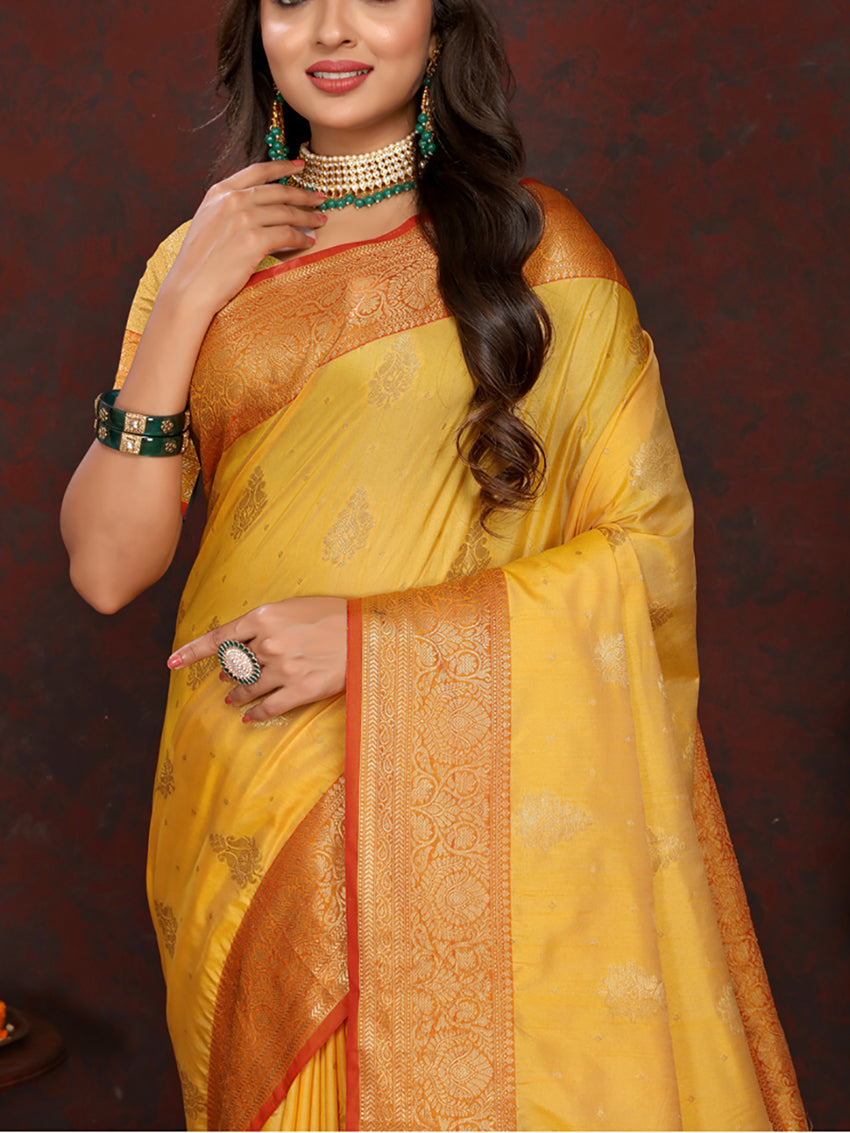 Lorenvalley Fashion Gold Soft Katan Silk Woven Design Zari Weaving Pallu Saree | Grocsy