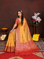 Lorenvalley Fashion Gold Organza Silk Woven Design with Rich Meenakari Weaving Pallu Saree | Grocsy