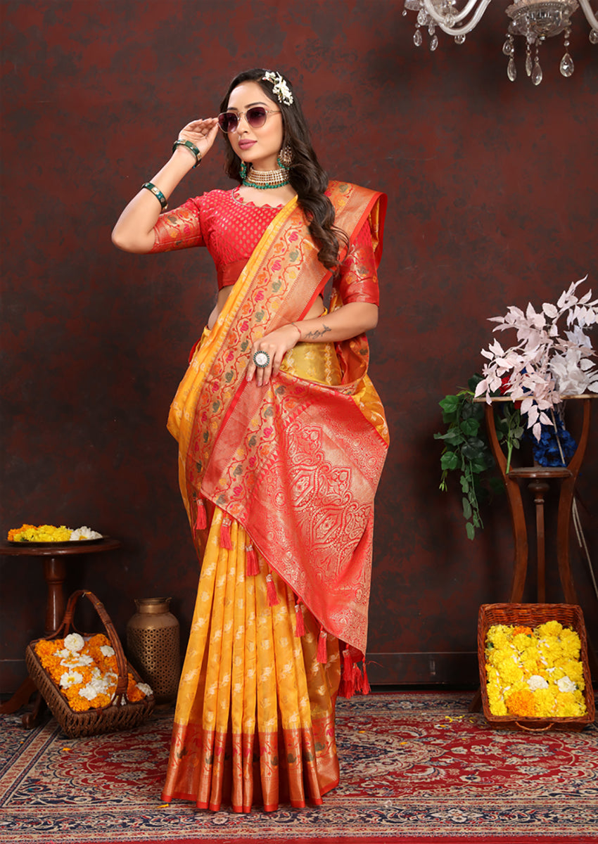 Lorenvalley Fashion Gold Organza Silk Woven Design with Rich Meenakari Weaving Pallu Saree | Grocsy