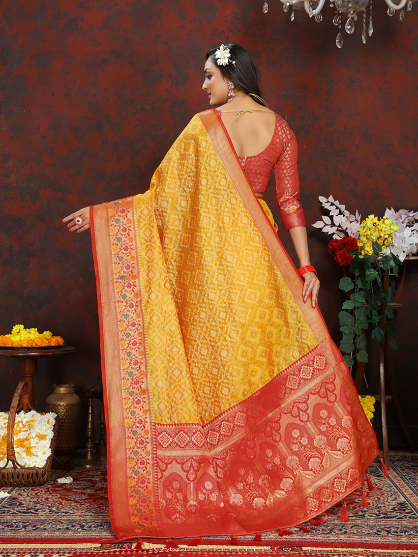 Lorenvalley Fashion Gold Organza Silk Woven Design with Rich Meenakari Weaving Pallu Saree | Grocsy