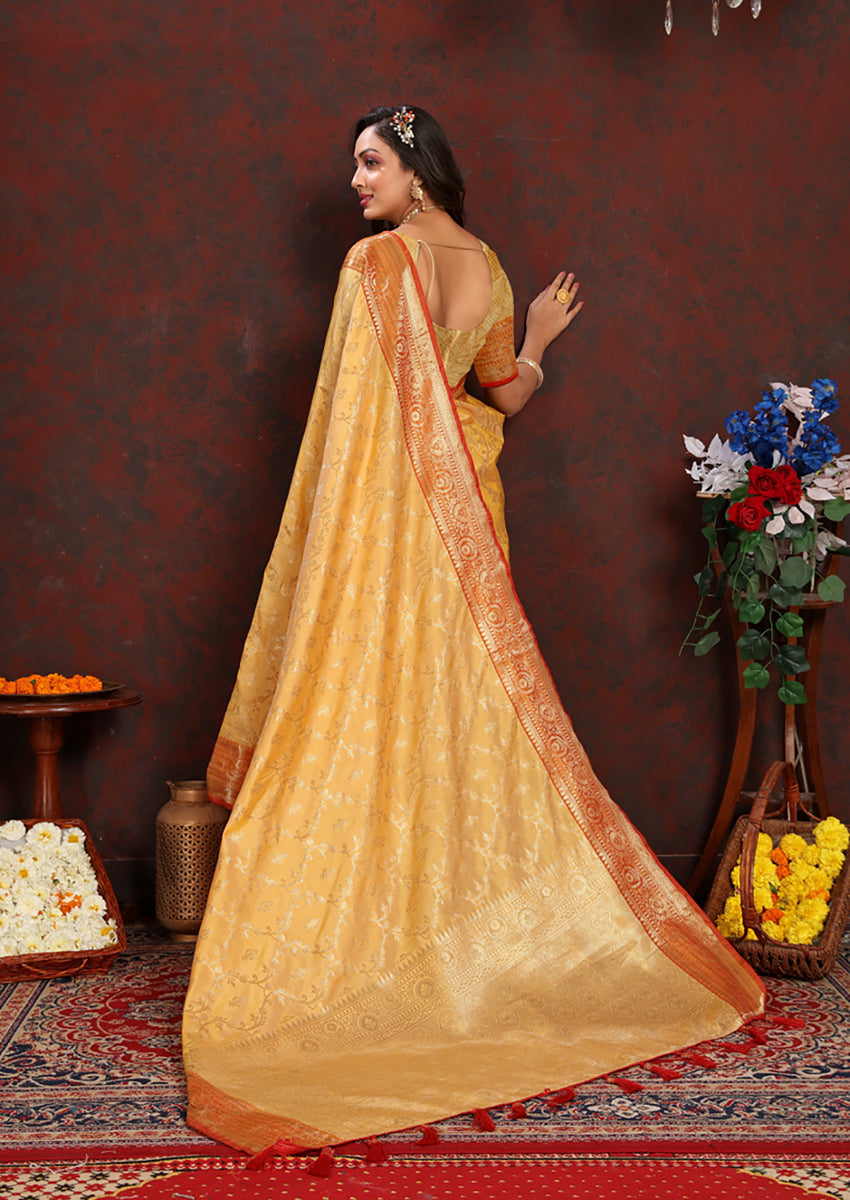 Lorenvalley Fashion Gold Soft Katan Silk Woven Design Zari Weaving Pallu Saree | Grocsy