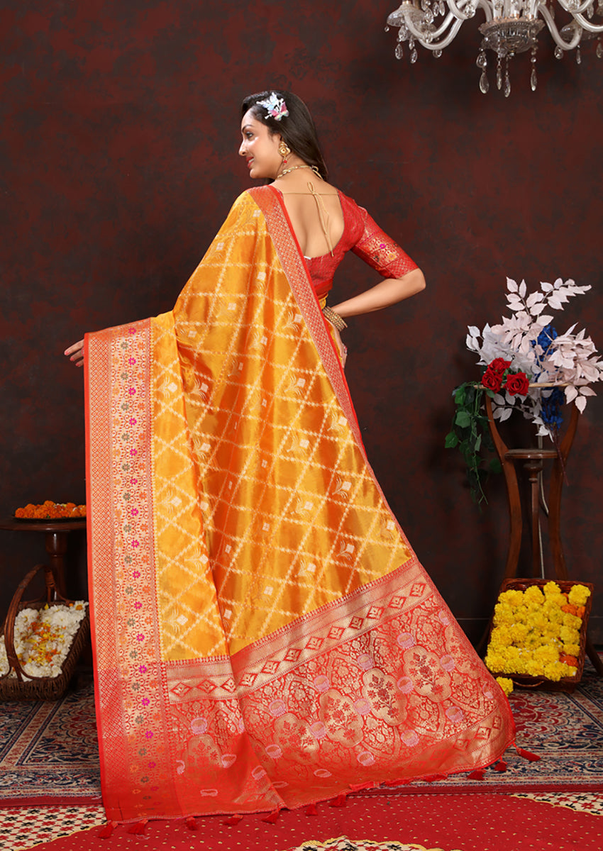 Lorenvalley Fashion Gold Organza Silk Woven Design with Rich Meenakari Weaving Pallu Saree | Grocsy