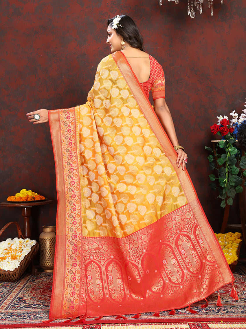 Lorenvalley Fashion Gold Organza Silk Woven Design with Rich Meenakari Weaving Pallu Saree | Grocsy