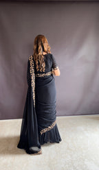 Teeya Creation Black Color Faux Georgette Fabric Heavy Embroidery Work Gown Style Fully Stitched Saree | Grocsy