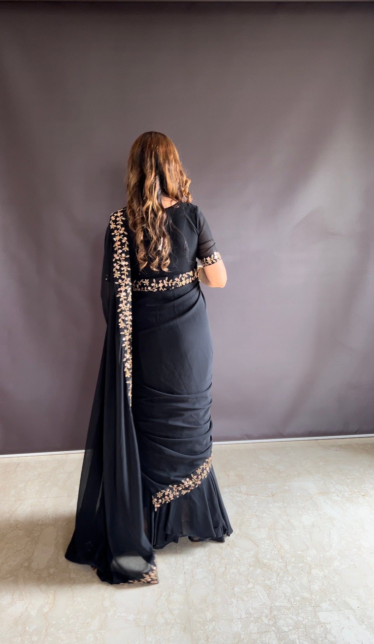 Teeya Creation Black Color Faux Georgette Fabric Heavy Embroidery Work Gown Style Fully Stitched Saree | Grocsy