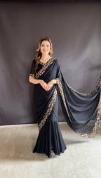 Teeya Creation Black Color Faux Georgette Fabric Heavy Embroidery Work Gown Style Fully Stitched Saree | Grocsy