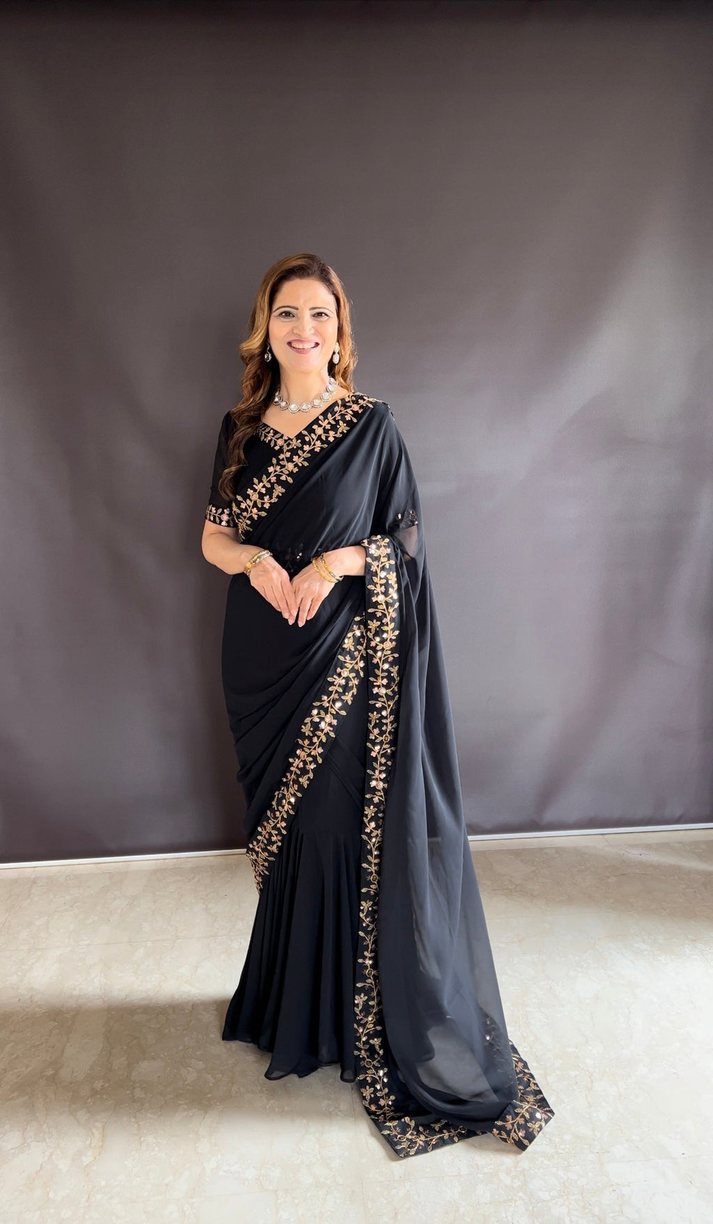 Teeya Creation Black Color Faux Georgette Fabric Heavy Embroidery Work Gown Style Fully Stitched Saree | Grocsy