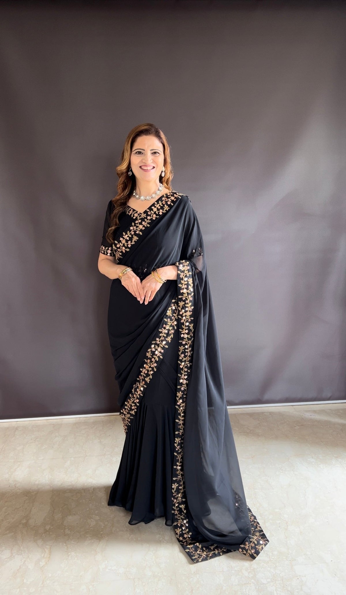 Teeya Creation Black Color Faux Georgette Fabric Heavy Embroidery Work Gown Style Fully Stitched Saree | Grocsy