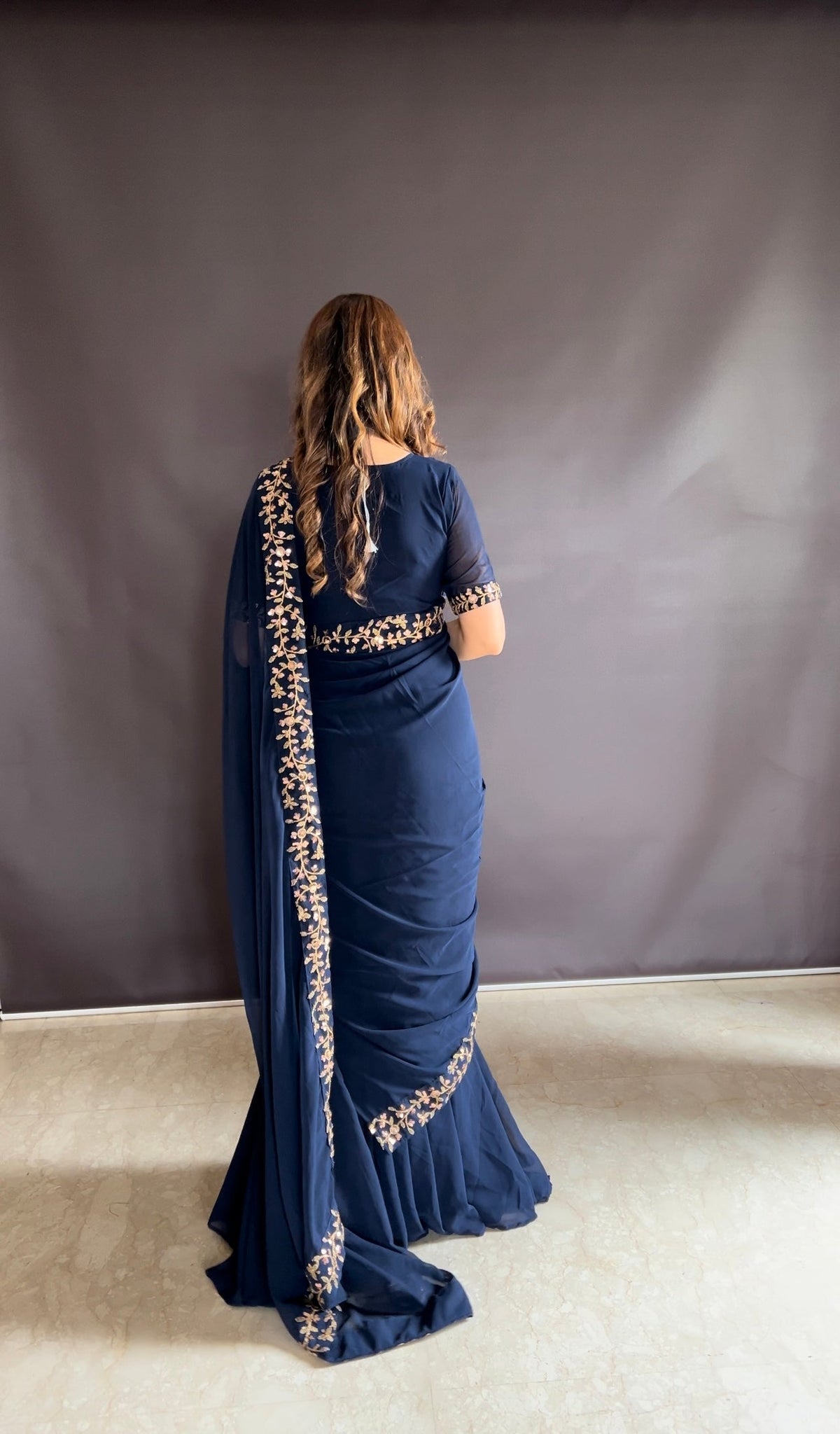 Teeya Creation Blue Color Faux Georgette Fabric Heavy Embroidery Work Gown Style Fully Stitched Saree | Grocsy