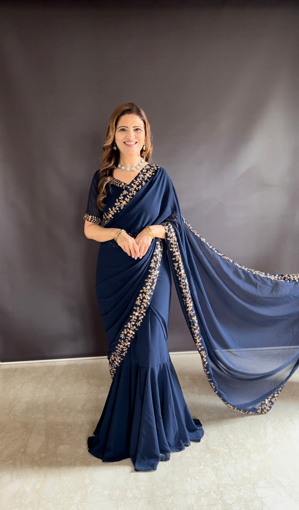 Teeya Creation Blue Color Faux Georgette Fabric Heavy Embroidery Work Gown Style Fully Stitched Saree | Grocsy