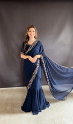 Teeya Creation Blue Color Faux Georgette Fabric Heavy Embroidery Work Gown Style Fully Stitched Saree | Grocsy