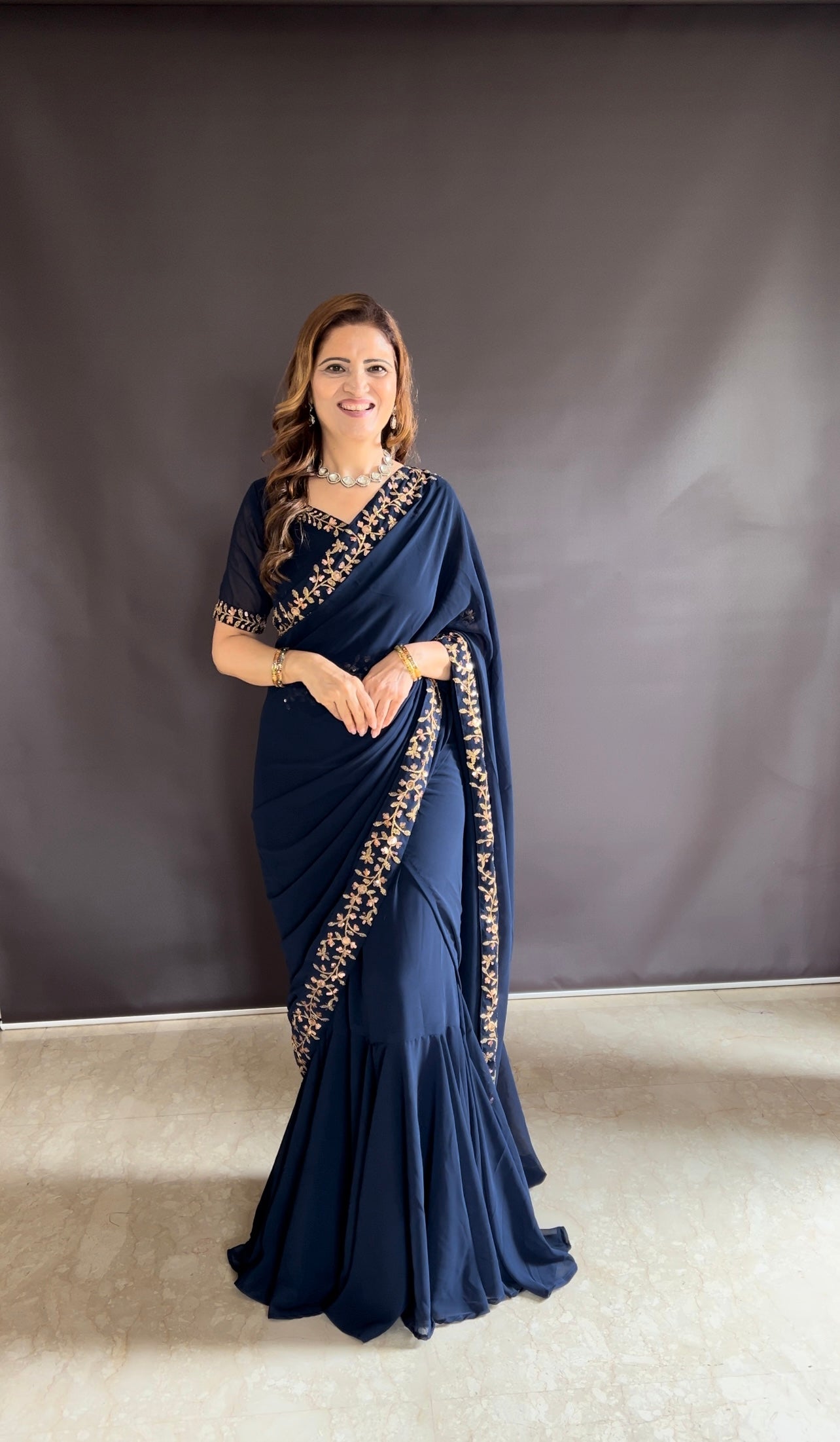 Teeya Creation Blue Color Faux Georgette Fabric Heavy Embroidery Work Gown Style Fully Stitched Saree | Grocsy