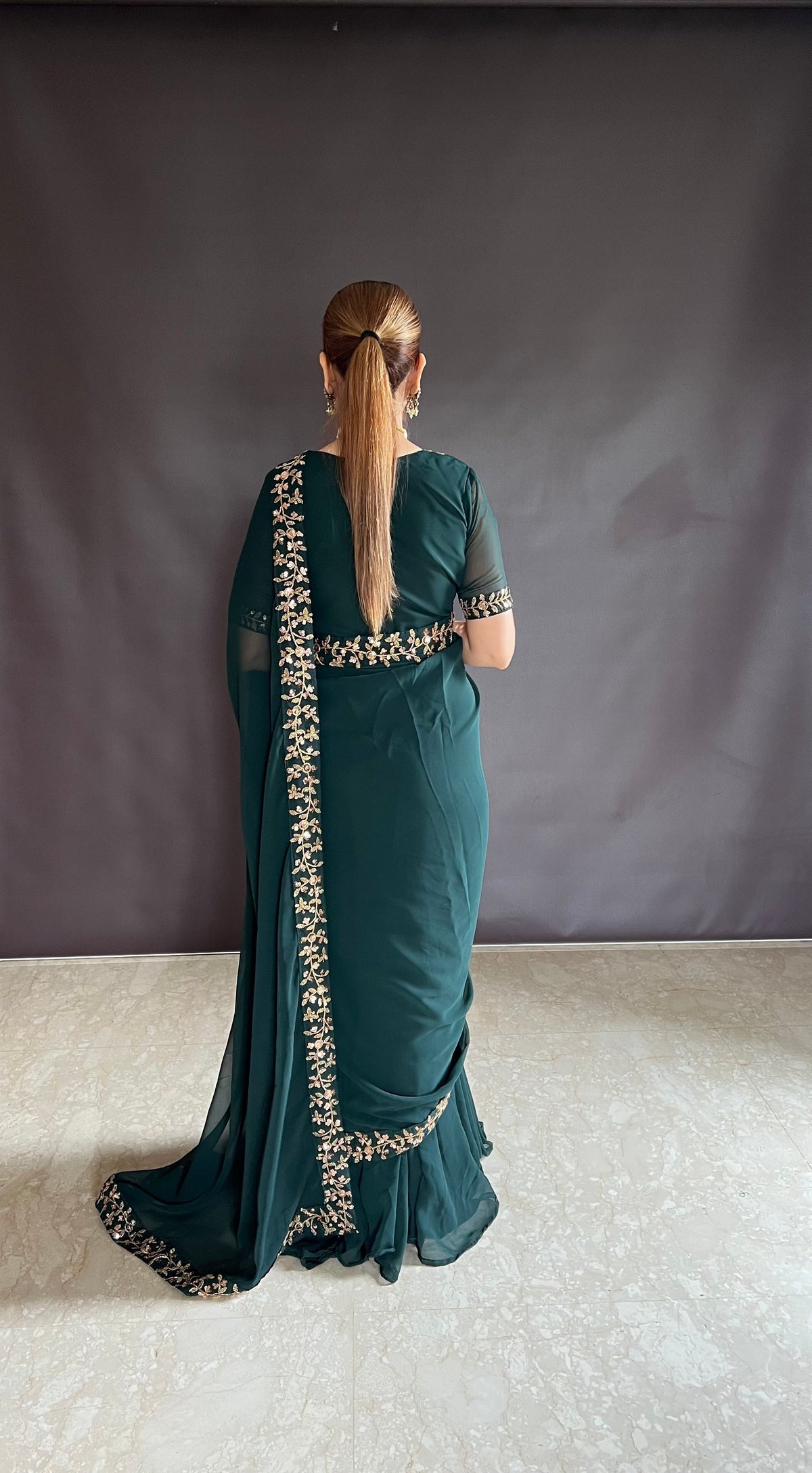 Teeya Creation Green Color Faux Georgette Fabric Heavy Embroidery Work Gown Style Fully Stitched Saree | Grocsy