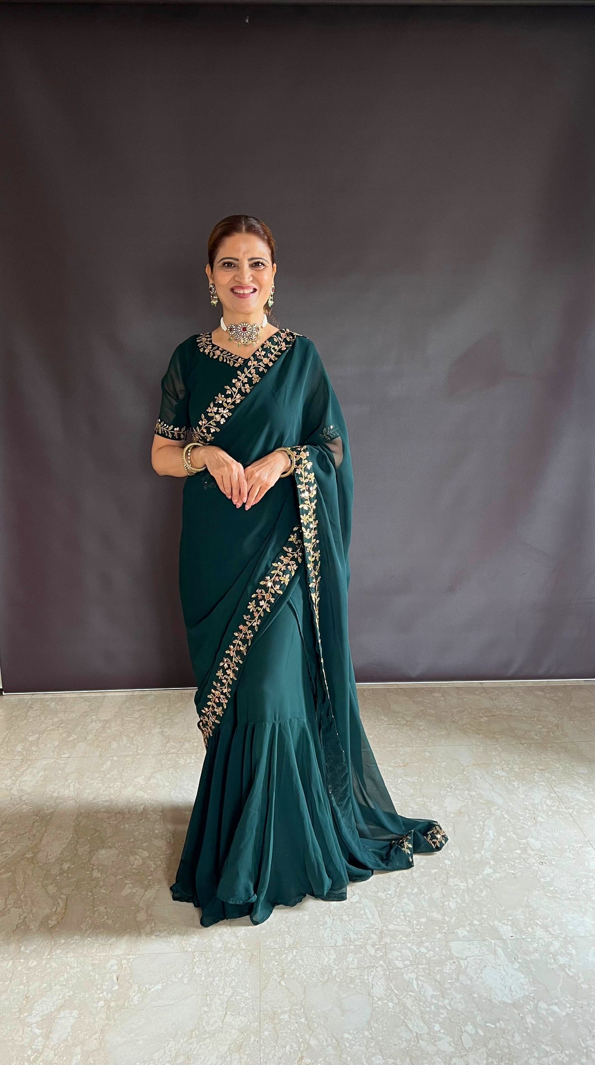 Teeya Creation Green Color Faux Georgette Fabric Heavy Embroidery Work Gown Style Fully Stitched Saree | Grocsy