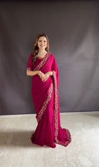 Teeya Creation Pink Color Faux Georgette Fabric Heavy Embroidery Work Gown Style Fully Stitched Saree | Grocsy