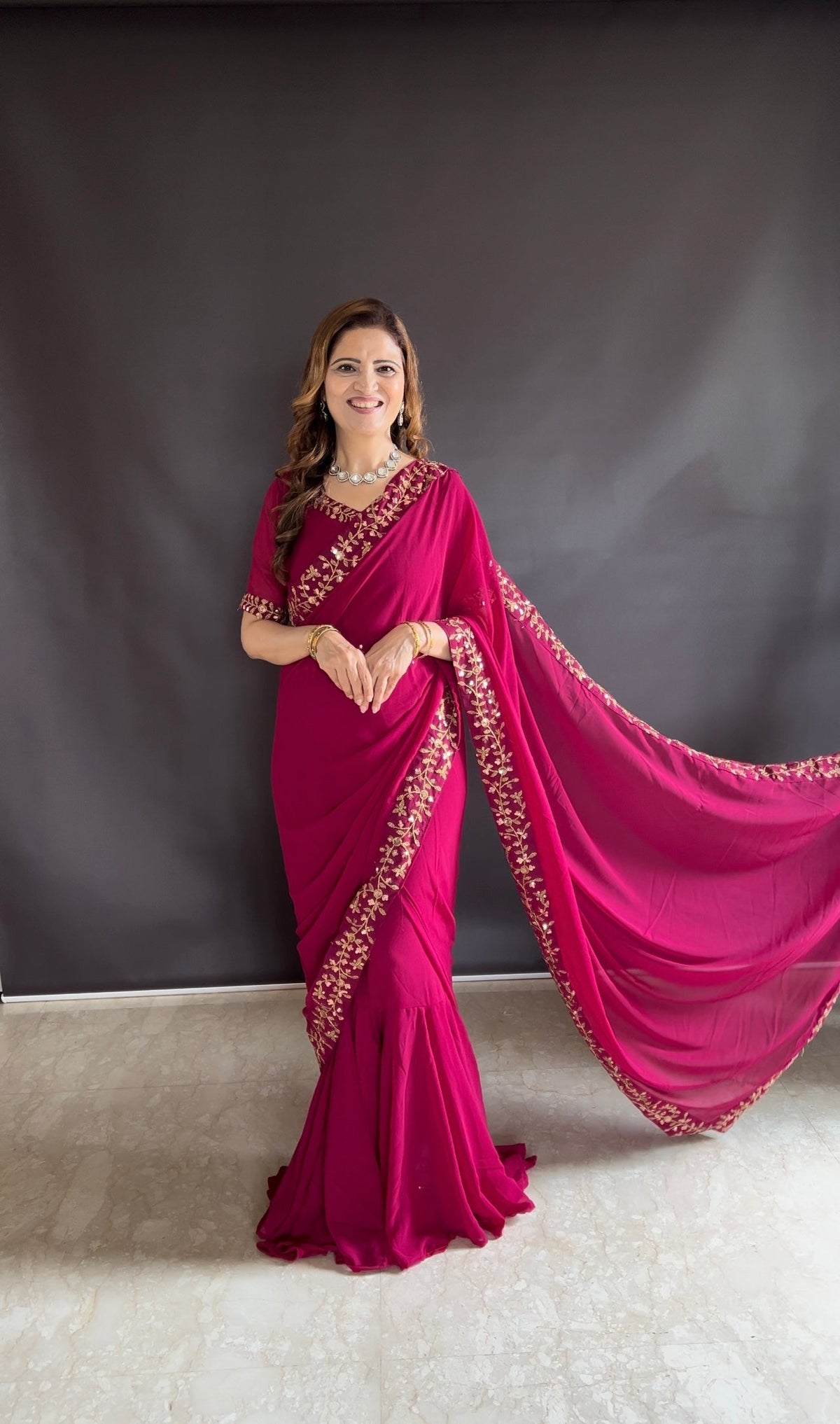 Teeya Creation Pink Color Faux Georgette Fabric Heavy Embroidery Work Gown Style Fully Stitched Saree | Grocsy