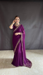 Teeya Creation Rani Color Faux Georgette Fabric Heavy Embroidery Work Gown Style Fully Stitched Saree | Grocsy