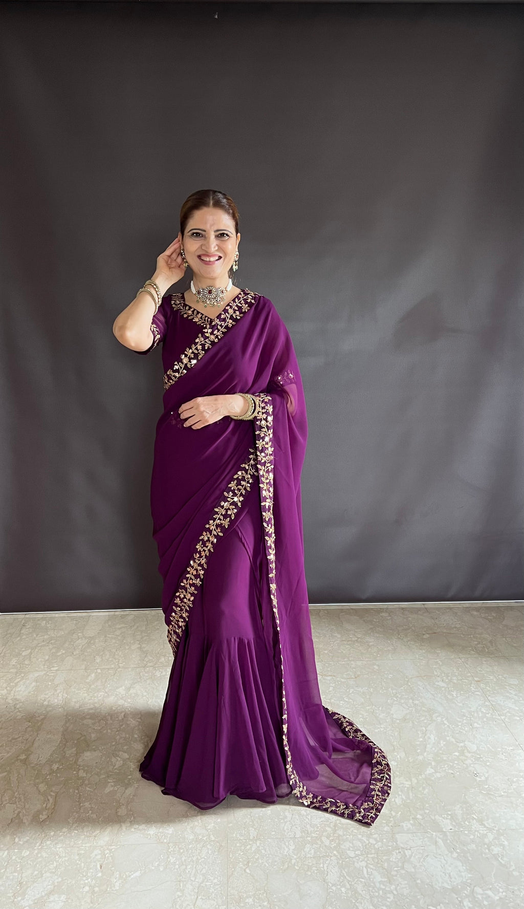 Teeya Creation Rani Color Faux Georgette Fabric Heavy Embroidery Work Gown Style Fully Stitched Saree | Grocsy