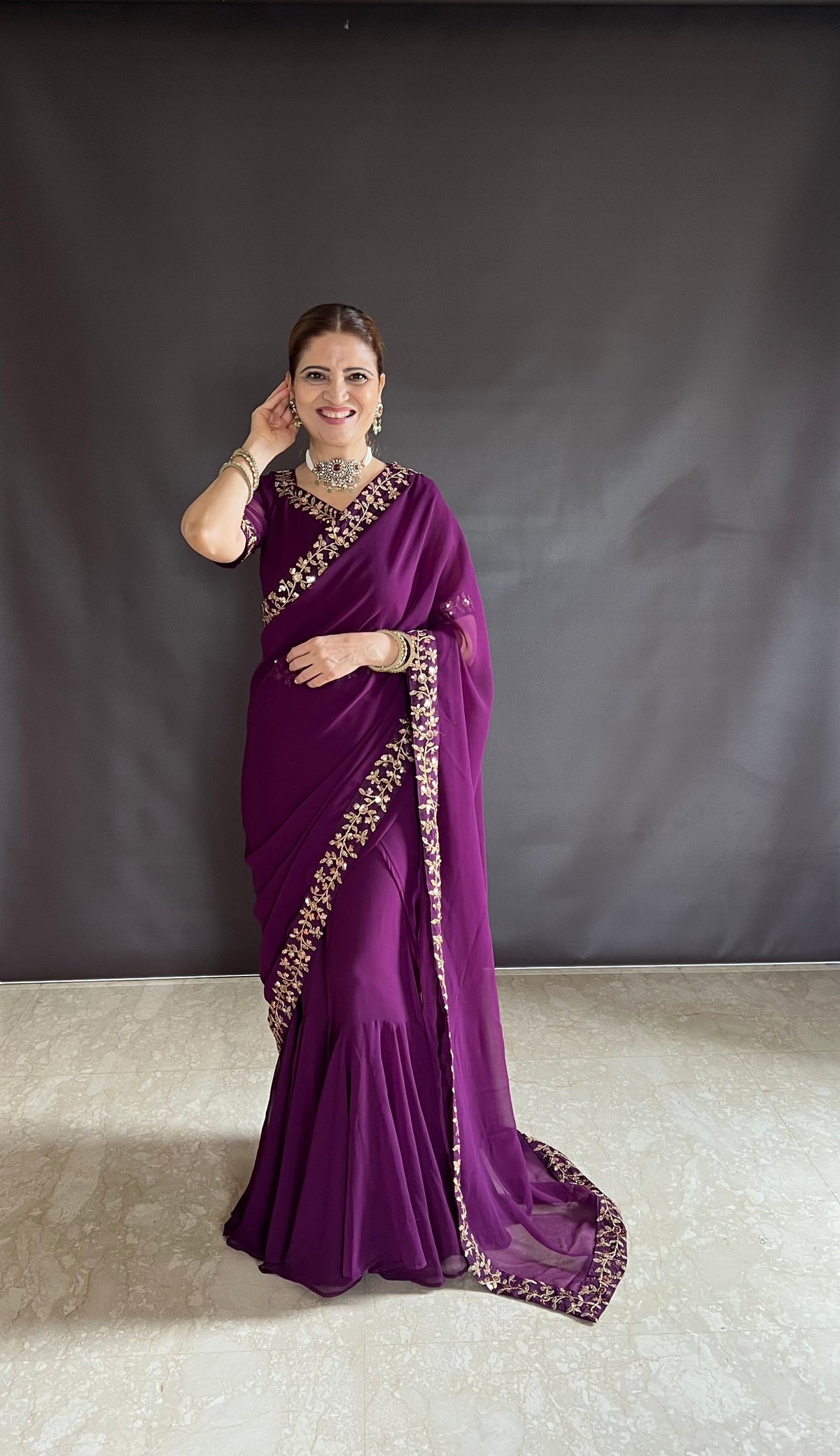 Teeya Creation Rani Color Faux Georgette Fabric Heavy Embroidery Work Gown Style Fully Stitched Saree | Grocsy