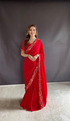 Teeya Creation Red Color Faux Georgette Fabric Heavy Embroidery Work Gown Style Fully Stitched Saree | Grocsy