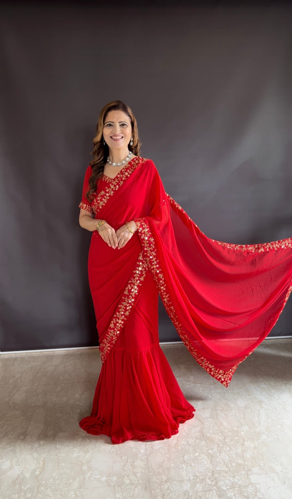 Teeya Creation Red Color Faux Georgette Fabric Heavy Embroidery Work Gown Style Fully Stitched Saree | Grocsy