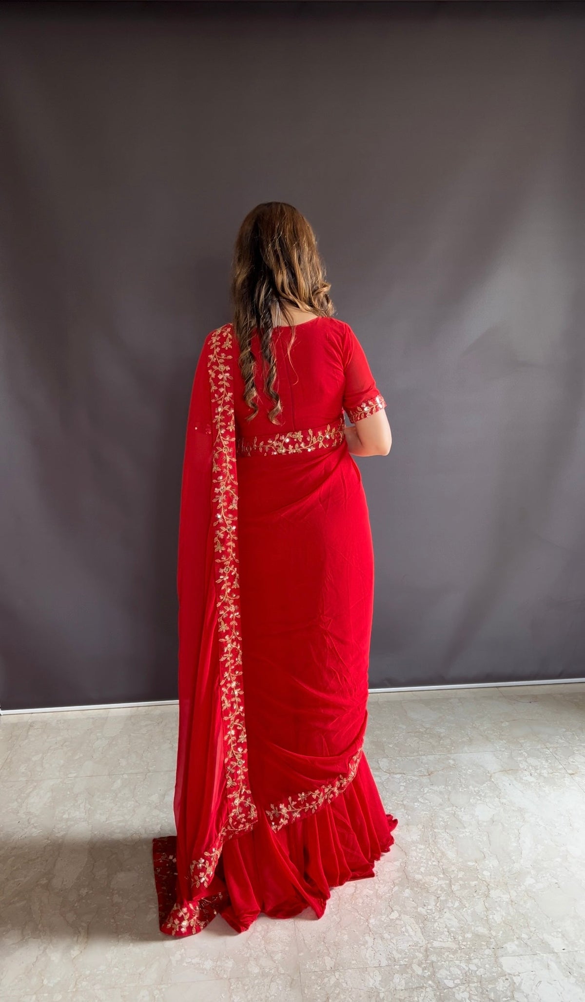 Teeya Creation Red Color Faux Georgette Fabric Heavy Embroidery Work Gown Style Fully Stitched Saree | Grocsy