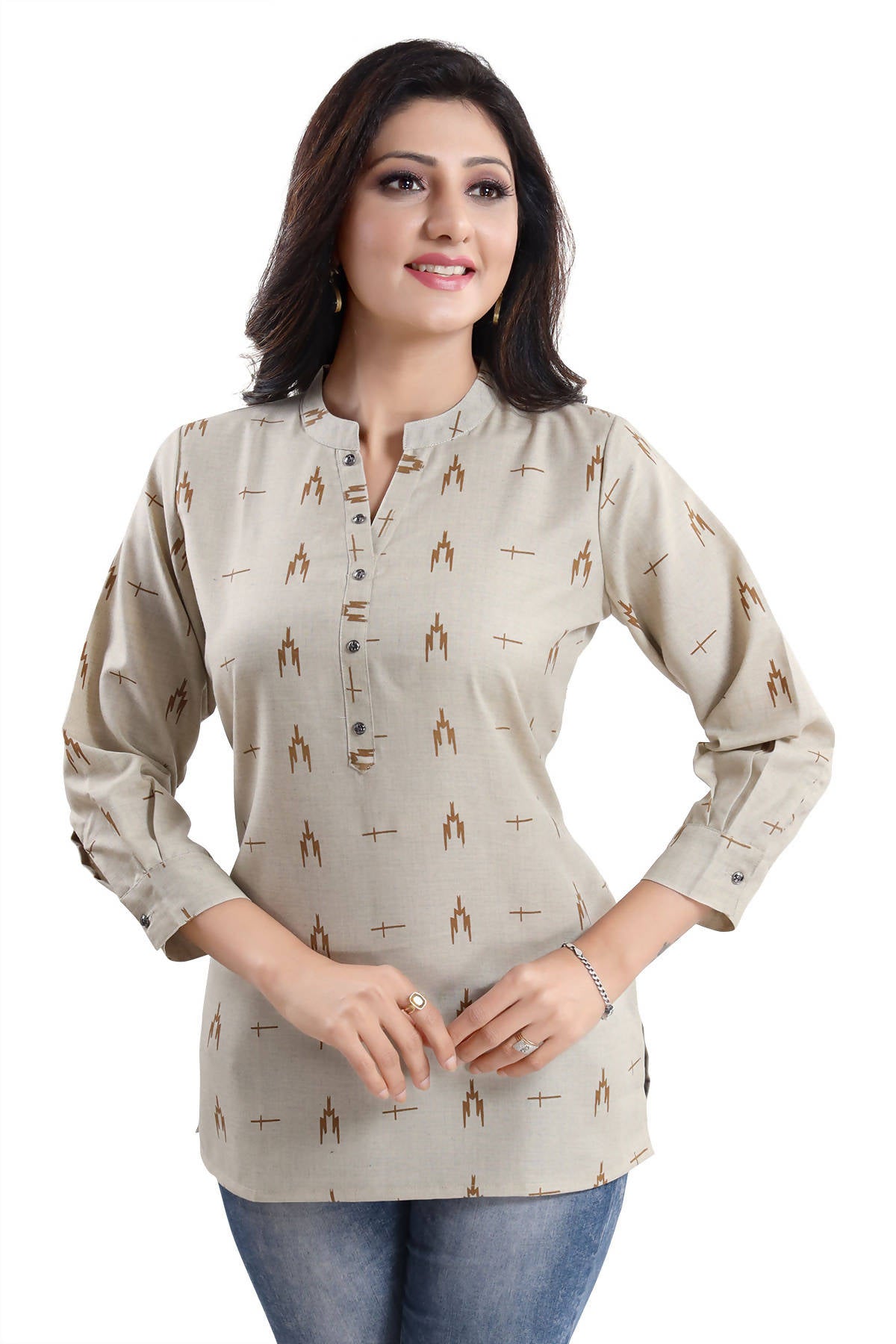 Snehal Creations Beige Cotton Blended Casual Short Tunic Top | Grocsy