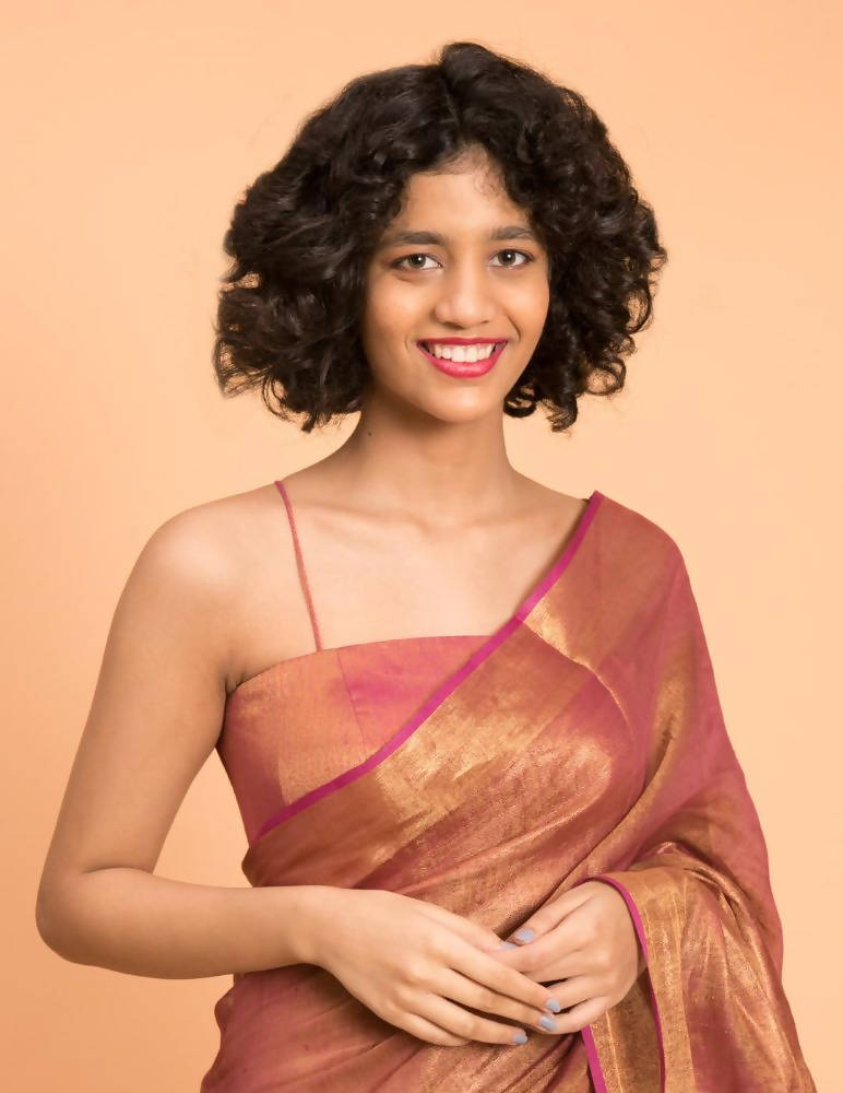 Suta Pink Golden Solid Zari Pure Linen Saree | Grocsy