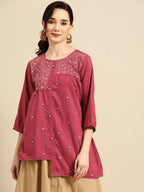 Women's Pink Viscose blend Embroidered Short Top - Marina | Grocsy