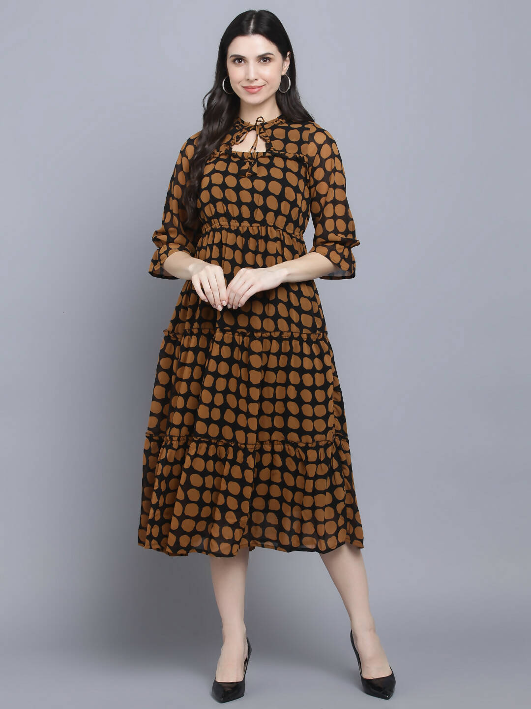 Myshka Women's Multicoloured Keyhole Neck Midi Dress | Grocsy