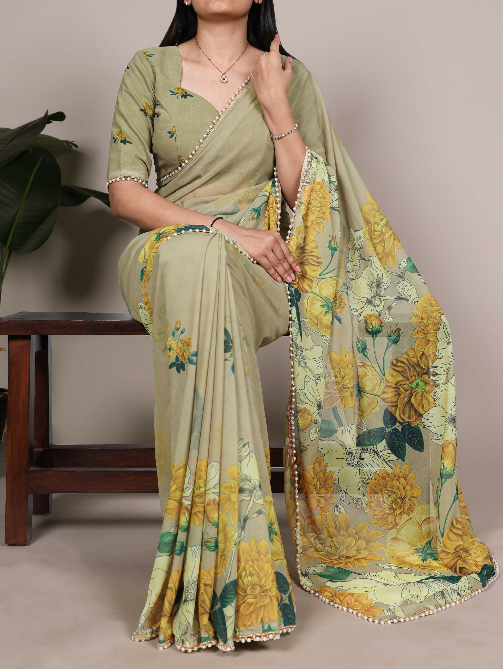 Vastranavya Mehendi Weightless Marble and Floral Printed Georgette Saree with Unstitched Blouse | Grocsy