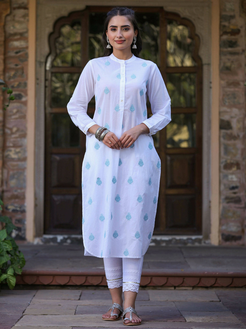 Juniper Women's White Cambric Printed Straight Kurta | Grocsy