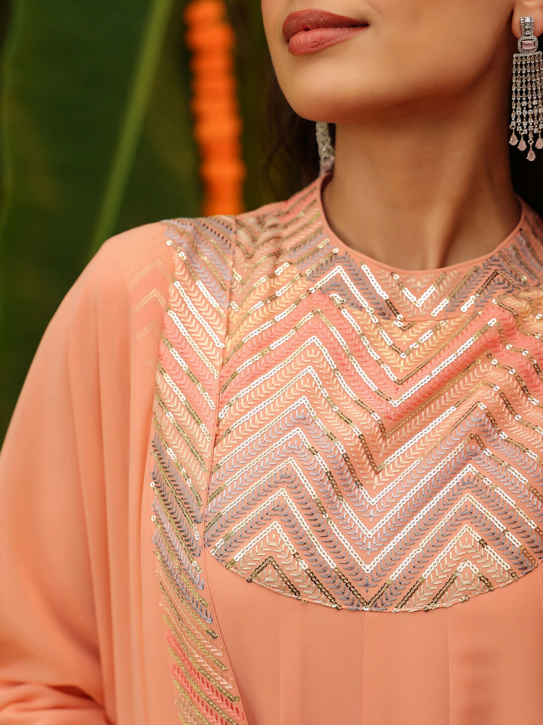 Janasya Peach Georgette Sequined Kurta,Bottom & Dupatta | Grocsy