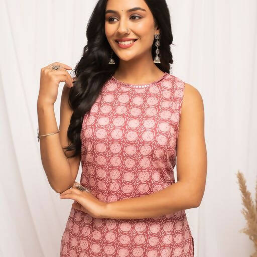FIORRA Women's Floral Printed Pink Cotton Straight Kurta | Grocsy
