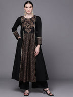 Ahalyaa Women Black Floral Printed Pure Cotton Kurta with Palazzos | Grocsy