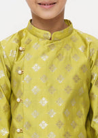 Little Bansi Boys Banarsi Silk Sherwani & Pyjama - Apple Green & Cream | Grocsy