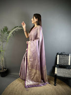 Joban Fashion Lavender Floral Motifs & Ethnic Design Soft Satin Silk Kanchipuram Saree | Grocsy