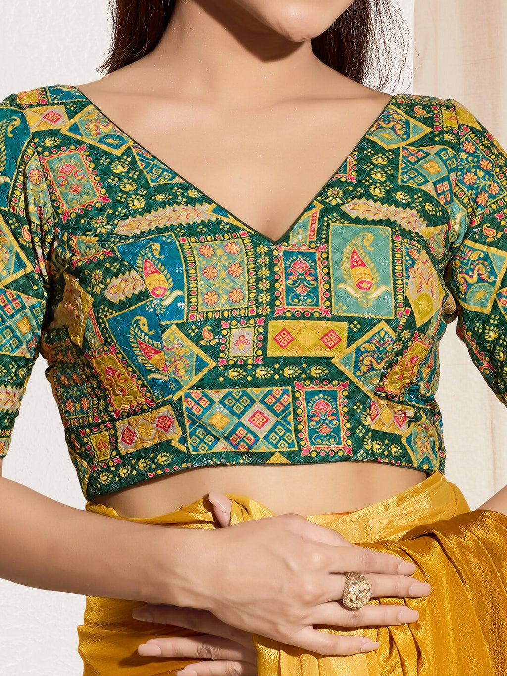 Joban Fashion Bottle Green Viscose Rayon Padded Blouse With V Neck Elbow Sleeves | Grocsy