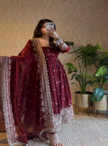 Teeya Creation Dark Maroon Heavily Embroidered Festive Wear Anarkali Salwar Suit | Grocsy