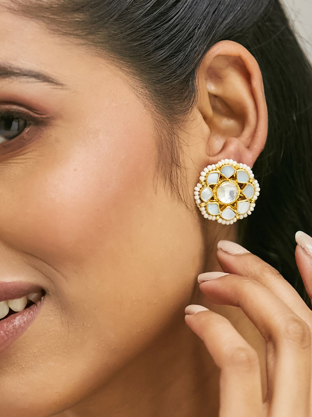 Nuyug 22K Gold-Plated Elegant Kundan Studded & Pearls Beaded Floral Studs | Grocsy