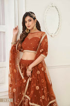 Aastha Fashion Brown Butterfly Net Tone To Tone Thread Work And Mirror Work Embroidery Wedding Wear Lehenga Choli | Grocsy