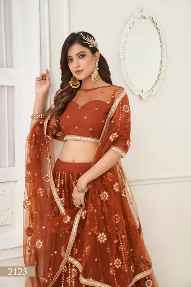 Aastha Fashion Brown Butterfly Net Tone To Tone Thread Work And Mirror Work Embroidery Wedding Wear Lehenga Choli | Grocsy