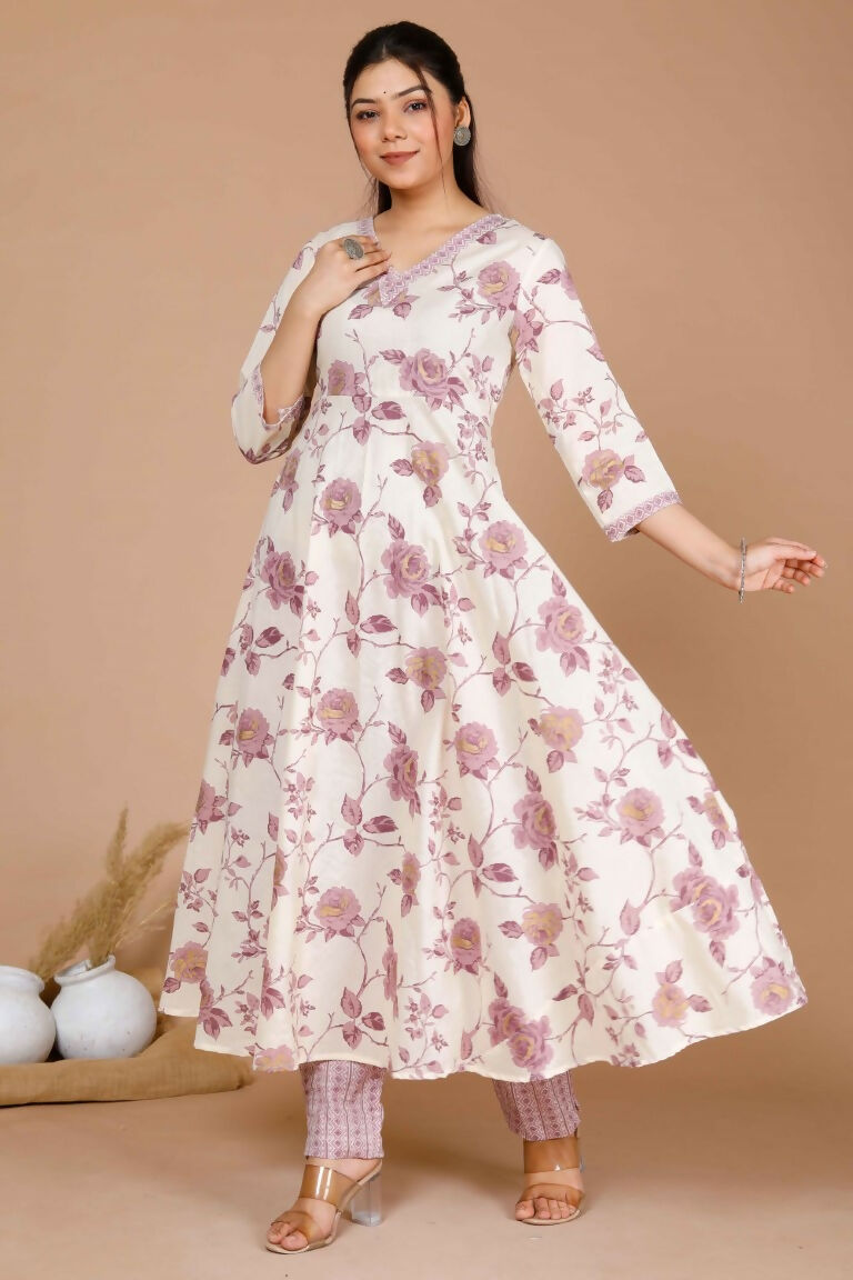 Miravan Women's Pink Floral Printed Anarkali Kurta With Palazzo | Grocsy