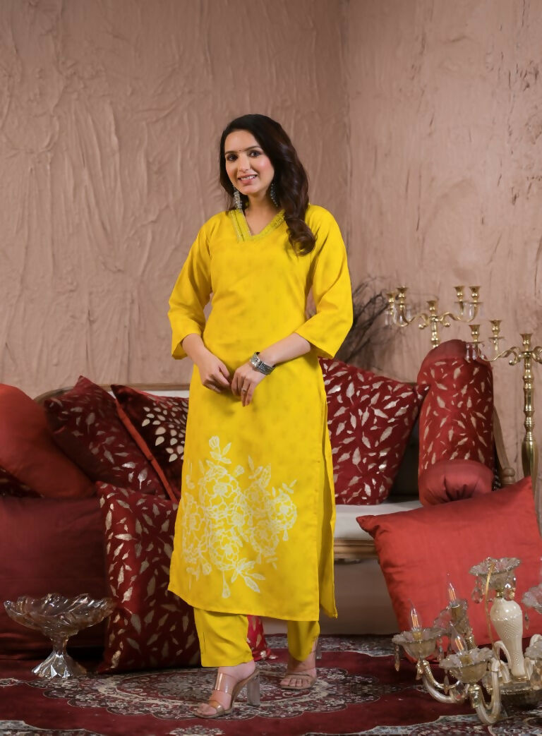 Festive Ethnic Viscose Chanderi Yellow Stitched Suit With Dupatta - Rashmika | Grocsy