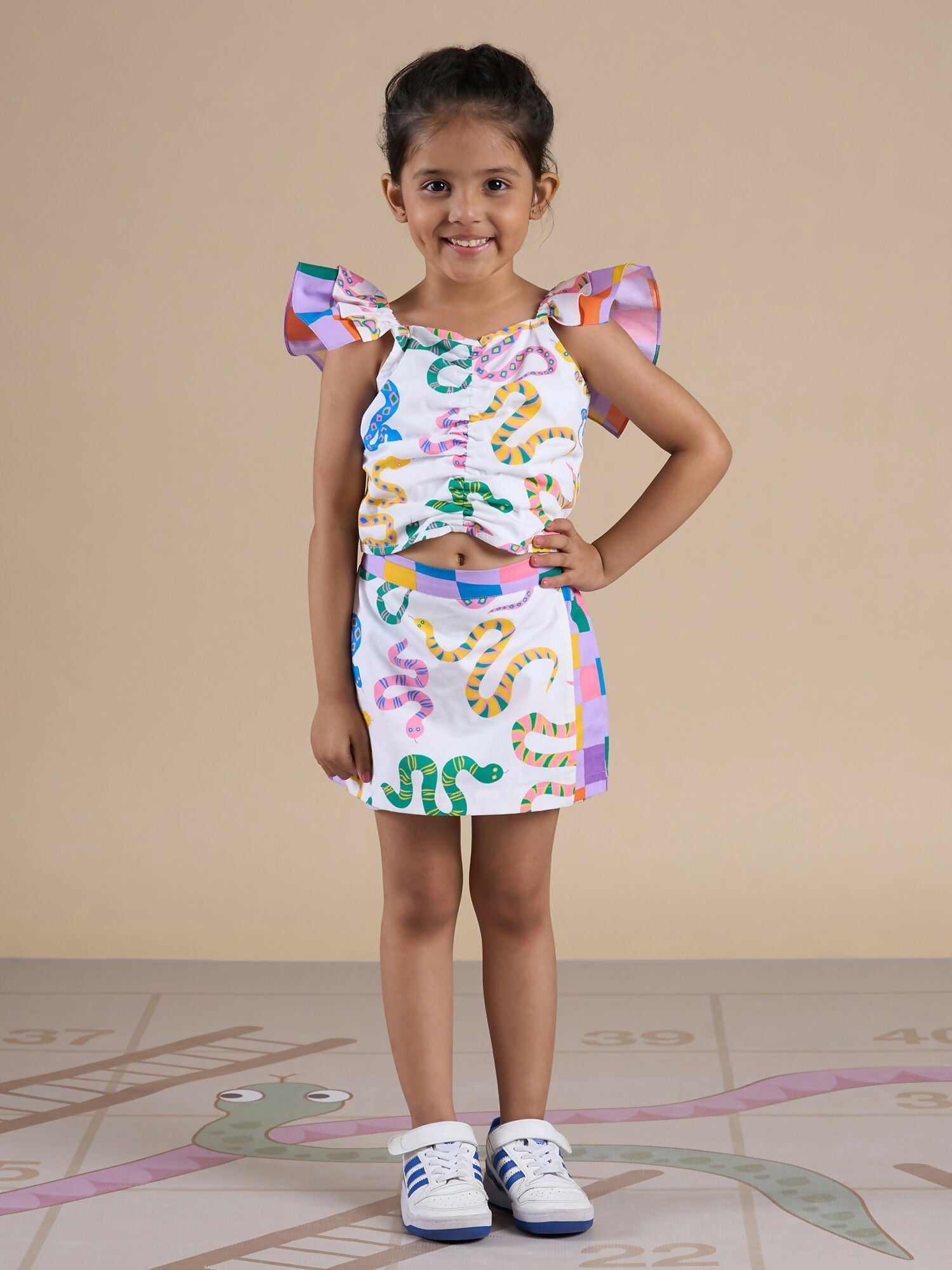 Snakes and Ladders Girls Multi Color Snake Print Top and Shorts Set from Siblings Collection | Grocsy